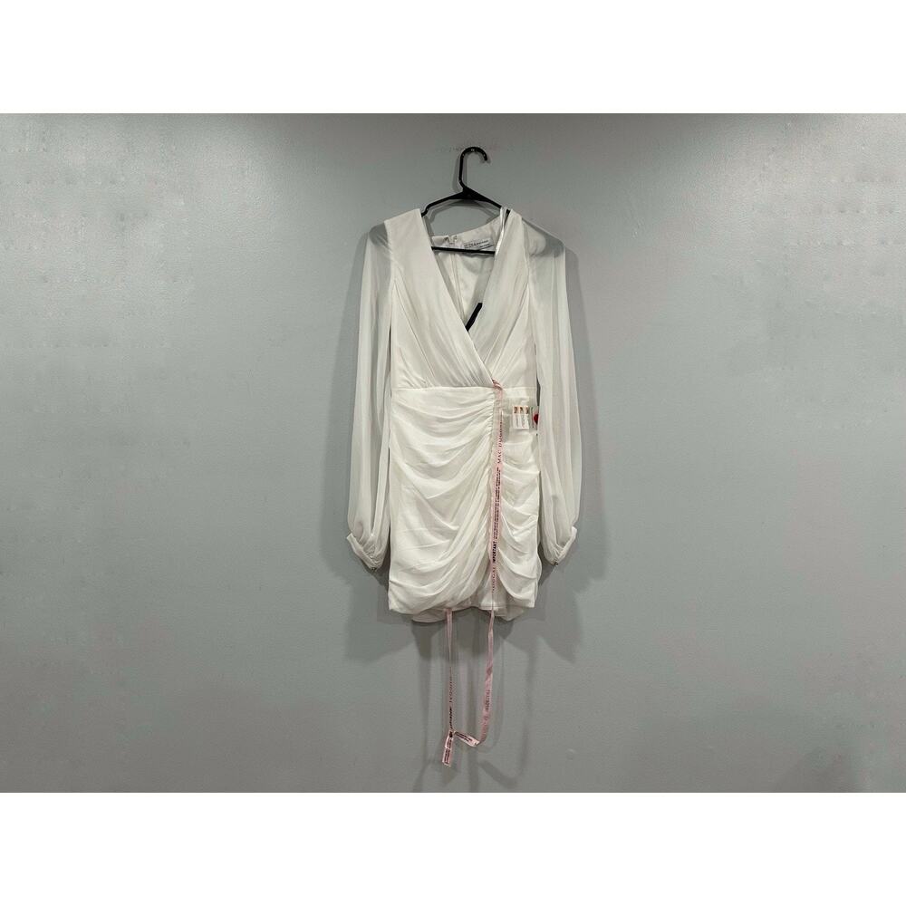 Mac Duggal 26655 White Long Blouson Sleeve Ruched Mini Dress Sz 4 - Picture 4 of 9